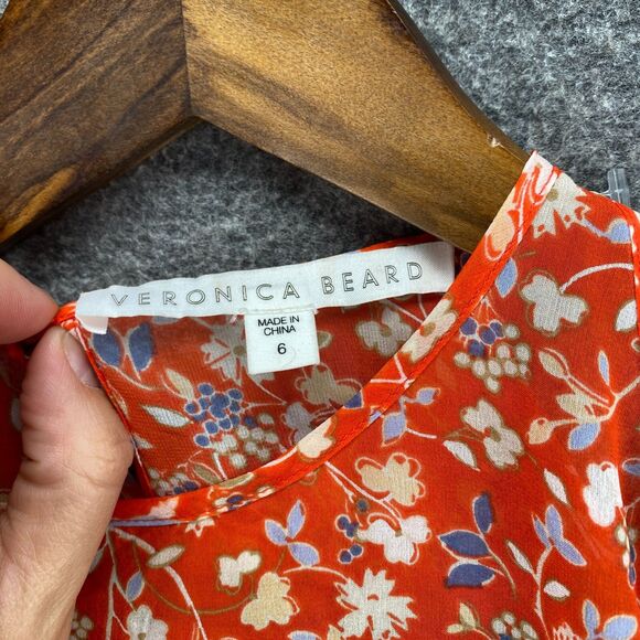 Veronica Beard Blouse Women 6 Red Floral Cold Shoulder Long Sleeve Silk Casual - Picture 4 of 8